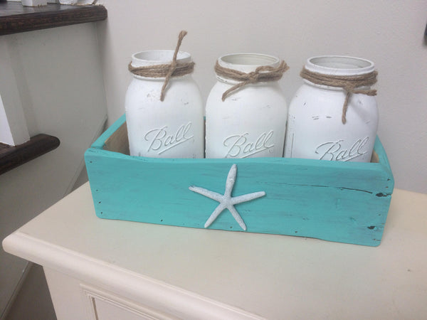 painted mason jars in reclaimed wood crate, home Decor, wedding center pieces, baby showers, beach decor, nautical decor, coastal decor