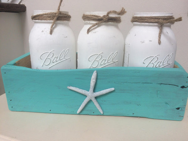 painted mason jars in reclaimed wood crate, home Decor, wedding center pieces, baby showers, beach decor, nautical decor, coastal decor