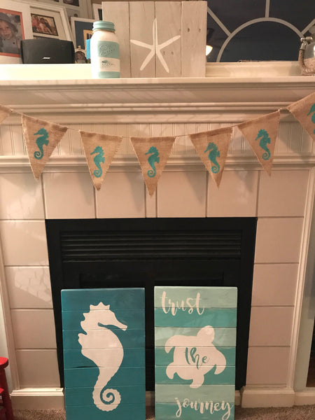 Seahorse burlap banner, glitter seahorse burlap party banner, summer party decor, photo prop, wedding decor, luau, party decorating, beach