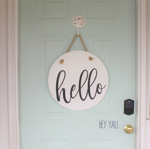 hello sign, round hello sign, front door hanging sign, rope sign, front porch living, indoor outdoor sign, round wood sign, front door decor