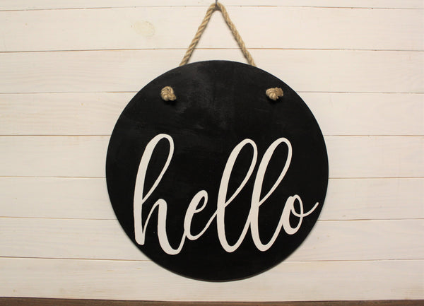 hello sign, round hello sign, front door hanging sign, rope sign, front porch living, indoor outdoor sign, round wood sign, front door decor